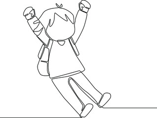 Single continuous line drawing of happy schoolgirl kid with bag jump and raise her hand. End of school. Education concept one line draw design graphic vector illustration.