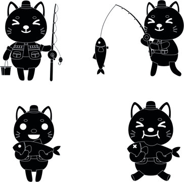 cat fishing black and white flat vector collection