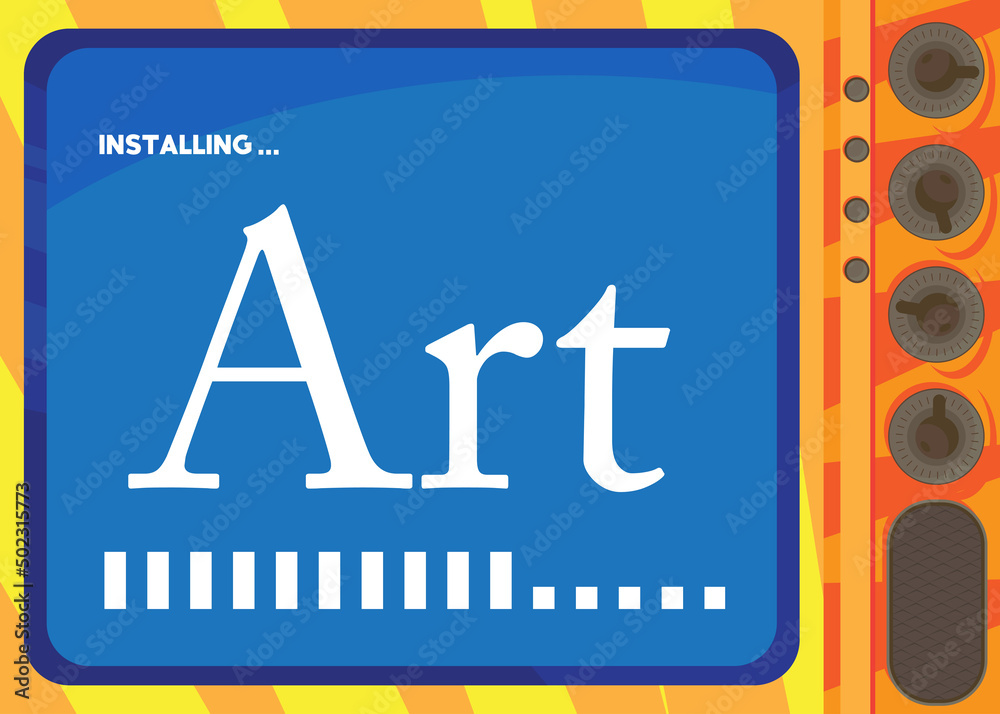 Fototapete cartoon computer with the word art. message of a screen displaying an installation window.