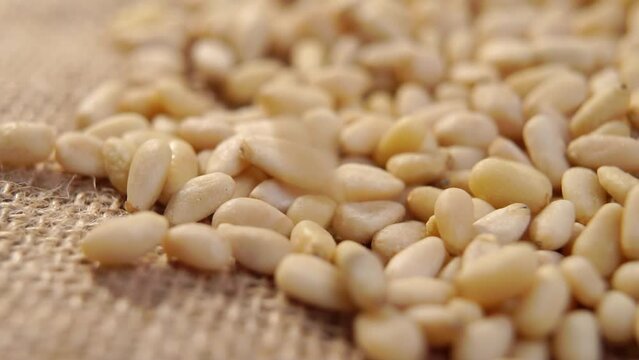 Pine nuts. Falling raw peeled kernels on a rough rustic burlap. Cedar seeds. Macro. Rotation