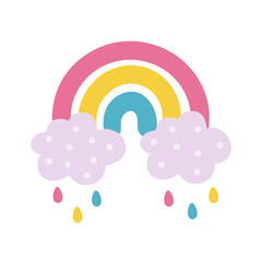 Bright abstract rainbow with a cloud and colorful drops. Vector hand drawn illustration