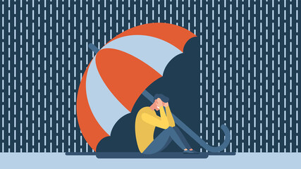 Man with anxiety touch head. Umbrella protects. Mental disorder and chaos in consciousness. A frustrated guy with a nervous problem feels anxiety and confusion of thoughts. Vector flat illustration