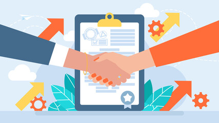 Handshake two women. Handshaking meeting agreement. Handshake of business people partners businesswomen. Women's hands. The handshake is a sign of support, cooperation. Vector business illustration