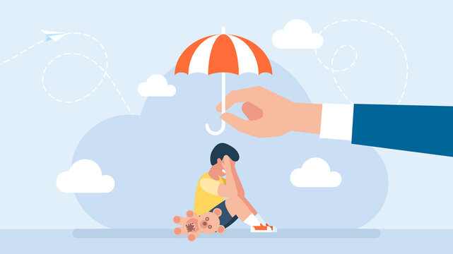 Protect children from danger. Child protection concept. Little boy sitting on the floor and crying. Child care. The umbrella protects the child from the storm. Flat design. Vector illustration.
