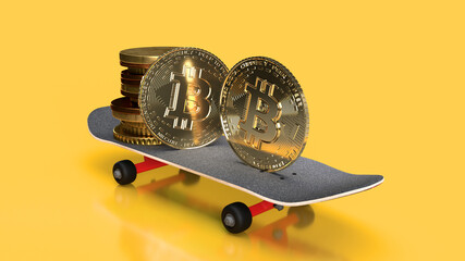 Obraz na płótnie Canvas 3d render gold bitcoin coins go down on a skateboard yellow background