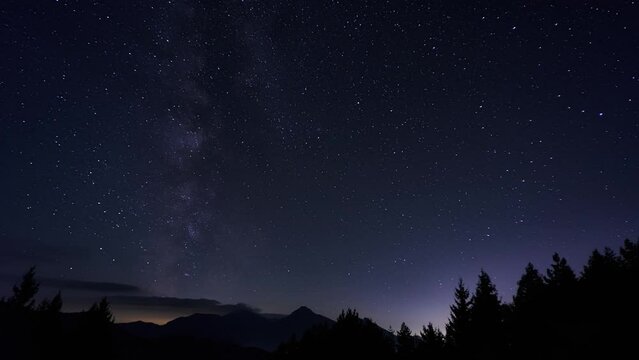 Beautiful blue night sky with the Milky Way in a mountain landscape.Silhouette of trees, mountains
