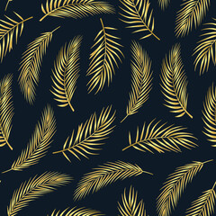 Seamless tropical pattern with bright plants and leaves on a Dark background. Palm leaves seamless pattern