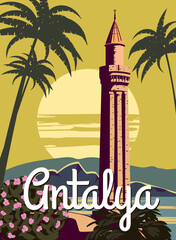 Naklejka premium Retro Poster Antalya landmark, Turkey resort, sunset skyline. Vintage touristic travel postcard, placard, vector