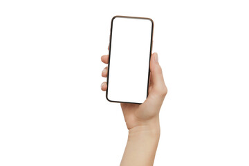 Female hand holding modern mobile phone with blank screen isolated at white background. Cellphone mockup.