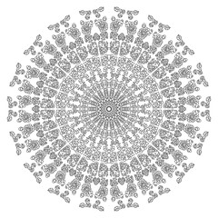Floral mandala for coloring book. Round monochrome symmetrical pattern of floral and abstract motifs.