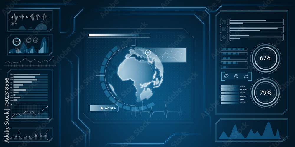 Poster Glowing blue digital business screen interface background with globe and charts. Spy, hud and world concept. 3D Rendering.