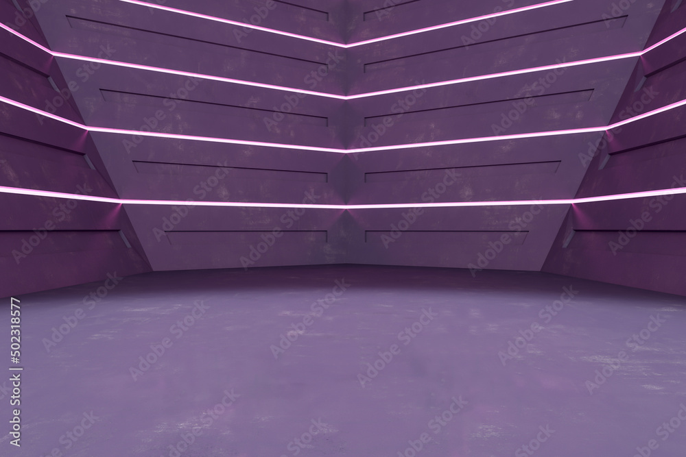 Poster abstract purple futuristic interior with mock up place for object presentation. 3d rendering.