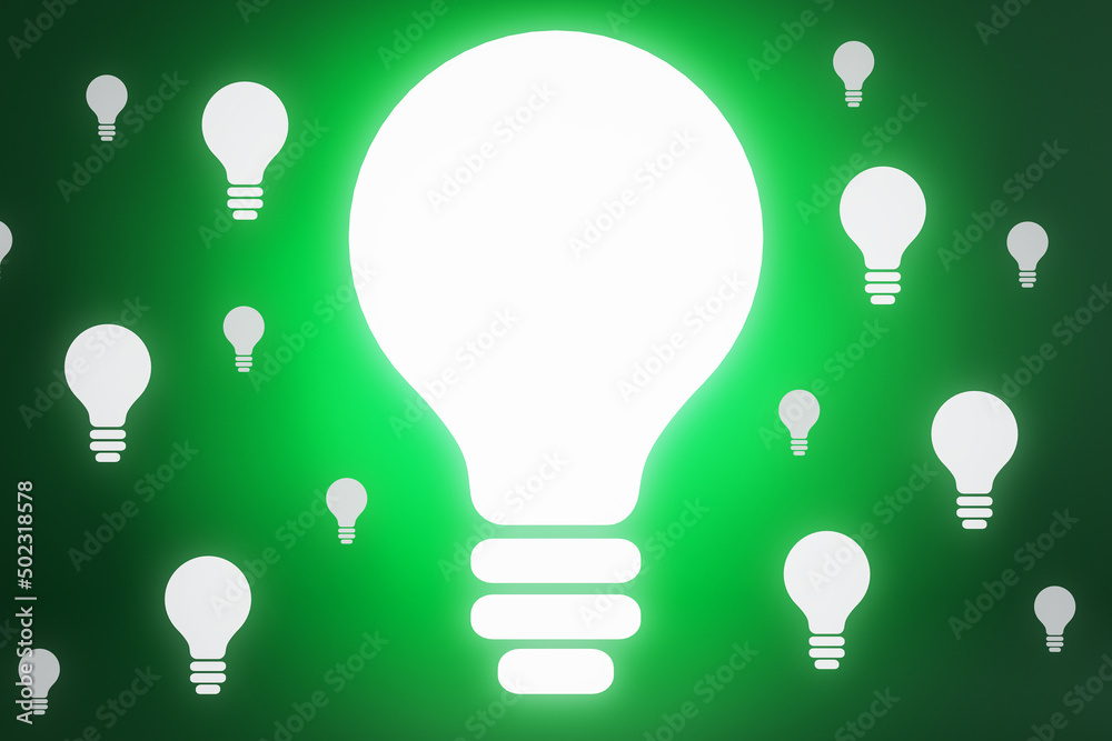 Poster creative light bulb on green background with bright mock up place. idea and success concept. 3d rend