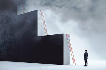 Ambition and career growth concept with man staying in front of red ladder leaning on a monumental...