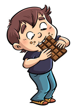 Illustration of a boy eagerly eating a chocolate bar