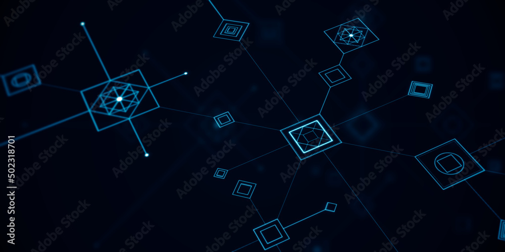 Poster Dark digital wallpaper with icons. Landing page concept. 3D Rendering.