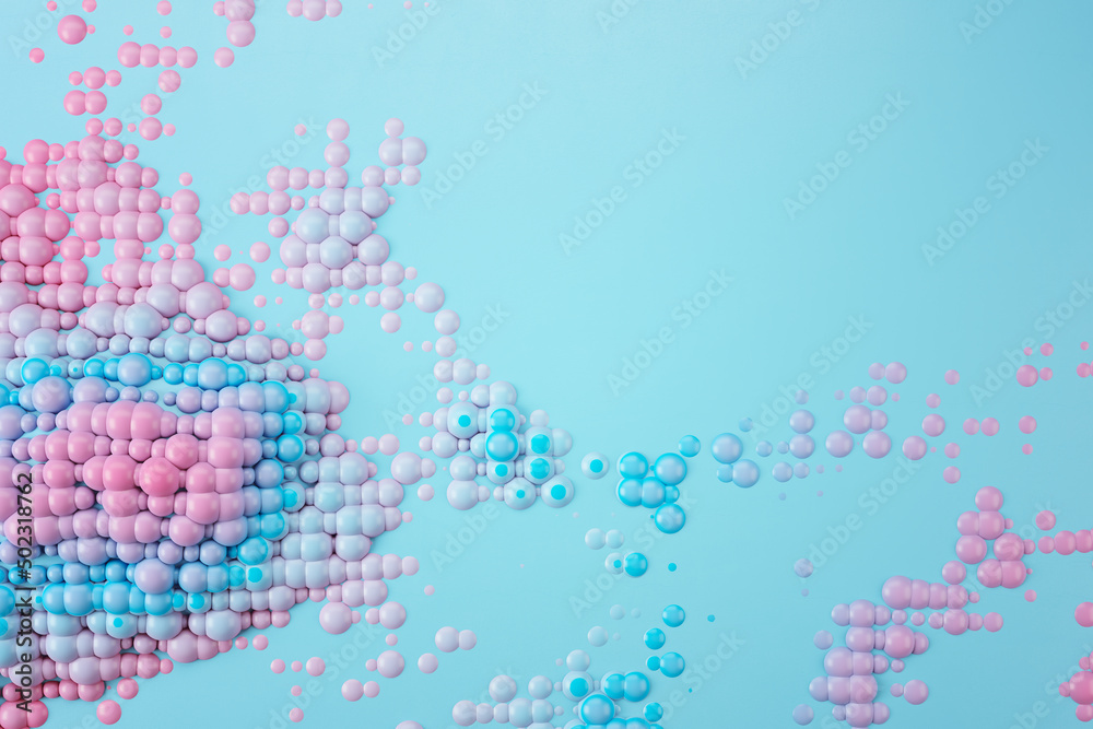 Poster Creative spreading blue and pink bubbles background with mock up place. Design and creativity concept. 3D Rendering.