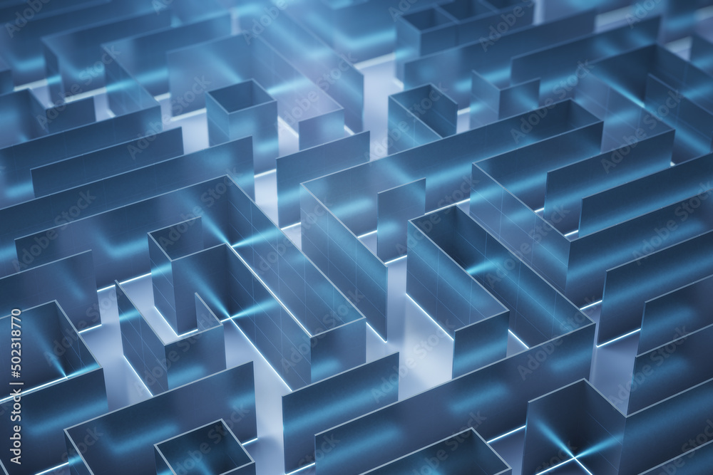 Poster creative blue maze backdrop. 3d rendering.