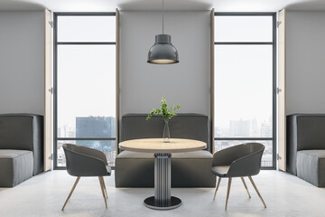 Fototapeta na wymiar Bright concrete cafe interior with furniture and bright city view. Dine in concept. 3D Rendering.