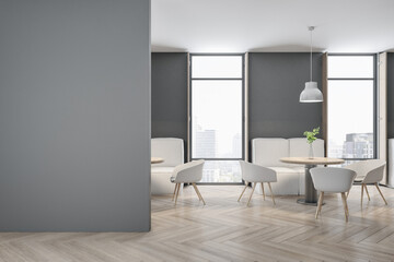Modern concrete cafe interior with empty mock up place on wall, wooden flooring, furniture and bright city view. Dine in concept. 3D Rendering.