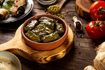 Georgian national appetizer dolma rolls with grape leaves