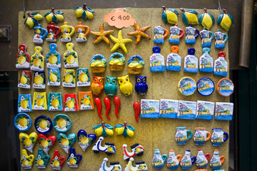Colorful Souvenir magnets in a gift shop in  Amalfi