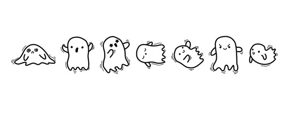Halloween little ghost in cute kawaii sketch style. Doodle ghost. funny smiling samhain ghosts set, spirit and sweets on white background. trick or treat stock cartoon image.