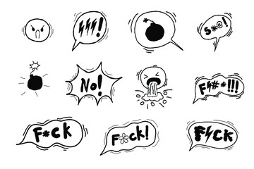 Speech bubble swear words bad emoji symbols. Sketch angry comic speech bubble doodle hand drawn with curses, skull, bones, lightning. Angry screaming face emoji. Vector illustration isolated on white. - obrazy, fototapety, plakaty