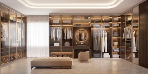 Foto op Plexiglas Panorama of luxury walk in closet interior with wood and gold elements.3d rendering © manow