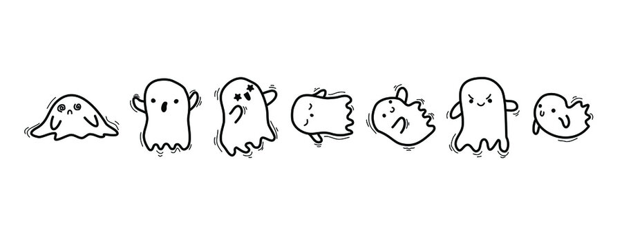 Halloween little ghost in cute kawaii sketch style. Doodle ghost. funny smiling samhain ghosts set, spirit and sweets on white background. trick or treat stock cartoon image.
