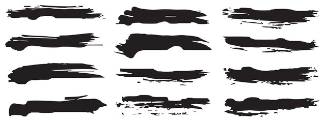 Vector collection of artistic grungy black paint hand made creative brush stroke set isolated on banner background. A group of abstract grunge sketches for design education or graphic art decoration