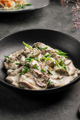 Closeup on portion of beef stroganoff stew dish