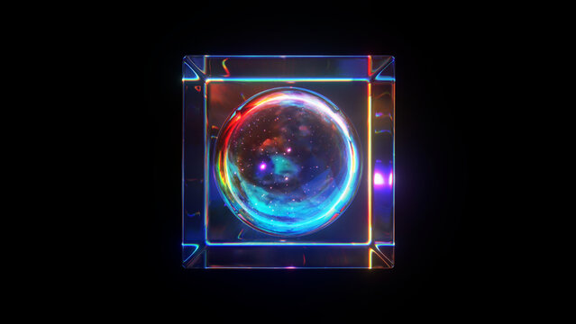 3d rendered abstract cube with detailed reflection and dispersion.