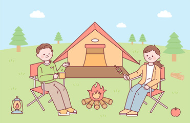 Fototapeta premium Couple camping outdoors with tent and bonfire. flat design style vector illustration.