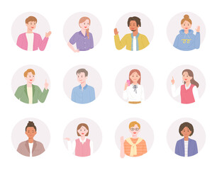 People of various styles are making gestures in a round frame. flat design style vector illustration.