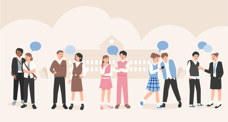 Students in school uniforms are having a conversation. flat design style vector illustration.
