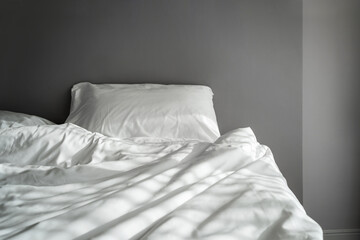 The blankets on the crumpled mattress in the empty dark bedroom