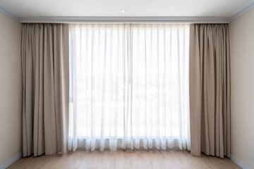 Interior decoration curtains in empty room - obrazy, fototapety, plakaty