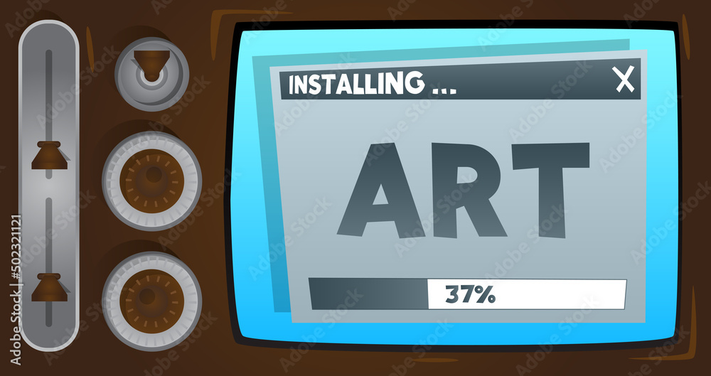 Fototapete cartoon computer with the word art. message of a screen displaying an installation window.