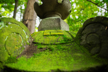 鮮やかなコケがついた灯籠