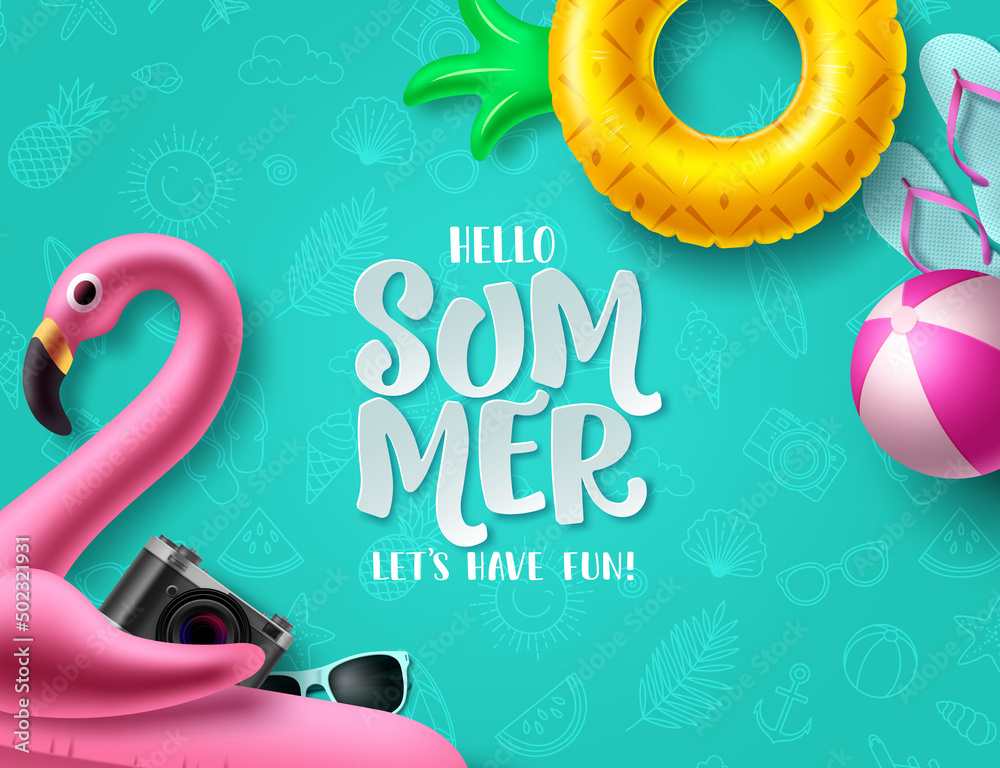 Wall mural summer hello vector design. summer pattern background with flamingo and pineapple floaters for holid
