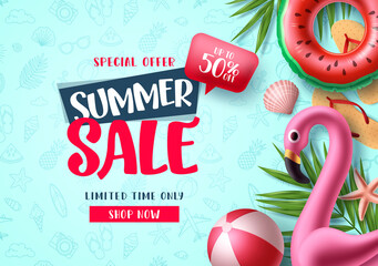 Summer sale vector banner design. Special offer summer sale discount text for tropical season promo advertising background. Vector illustration. 
 - obrazy, fototapety, plakaty