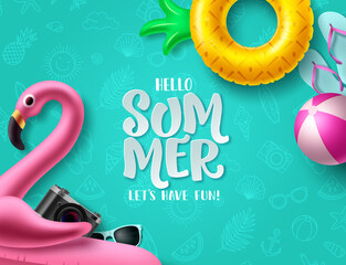 Summer hello vector design. Summer pattern background with flamingo and pineapple floaters for holiday season decoration. Vector illustration.   © AmazeinDesign