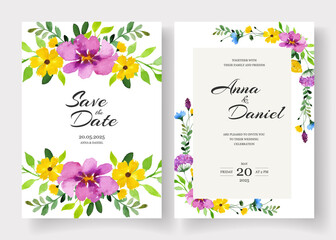 Wedding invitation cards decorated with hand painted watercolor wildflowers