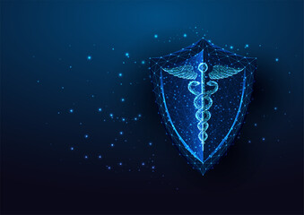 Futuristic health care, medicine concept with glowing caduceus symbol and protective shield  - obrazy, fototapety, plakaty