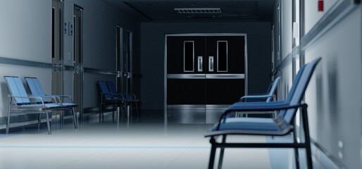 Long dark hospital corridor with rooms and seats 3D rendering. Empty accident and emergency interior with bright lights lighting the hall from the ceiling