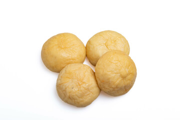 Crispy fried yellow fish tofu on white background