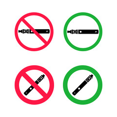 No vaping and vaping area signs. Red forbidden and green allowed circles signs icon set isolated on white background vector illustration. Vape and smoke prohibition and green access circles set.