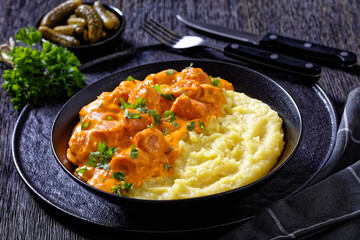 nakkikastike, finnish sausage in sauce, top view