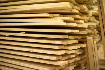 Lot of boards in carpentry workshop. Boards are stacked.